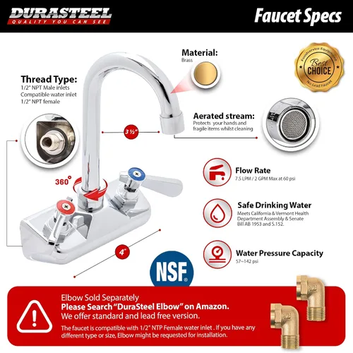 Miniatura 5 de DuraSteel Grifo de fregadero de cocina comercial, sin plomo, 4 pulgadas, montaje en pared central, grifo de fregadero de mano con boquilla de cuello