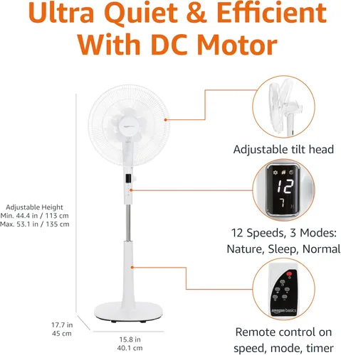 Miniatura 2 de Amazon Basics - Ventilador de piso para hogar, con pie, doble aspa oscilante, 12 velocidades, control remoto, motor CC ultrasilencioso y de bajo