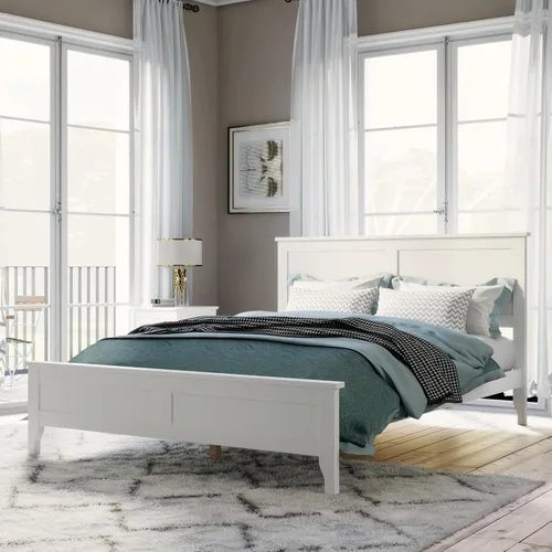 Cama de plataforma de madera maciza de estilo moderno con cabecero, estribo, marco de cama de madera y patas de soporte central de madera maciza, no