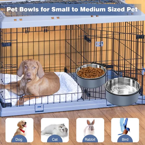 Miniatura 6 de Cuencos para perrera para jaulas, cuencos colgantes para jaulas de perros sin derrame, paquete de 2 cuencos de acero inoxidable para mascotas