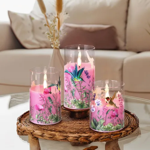 Miniatura 7 de Eywamage Velas de cristal sin llama de colibrí rosa con control remoto, velas LED parpadeantes de pilar de batería, juego de 3, decoración