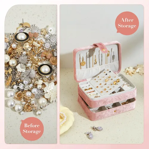 Miniatura 2 de BUTI4WLD Joyero pequeño de terciopelo para mujeres y niñas, estuche portátil de viaje de doble capa para anillos, colgantes, aretes, collares
