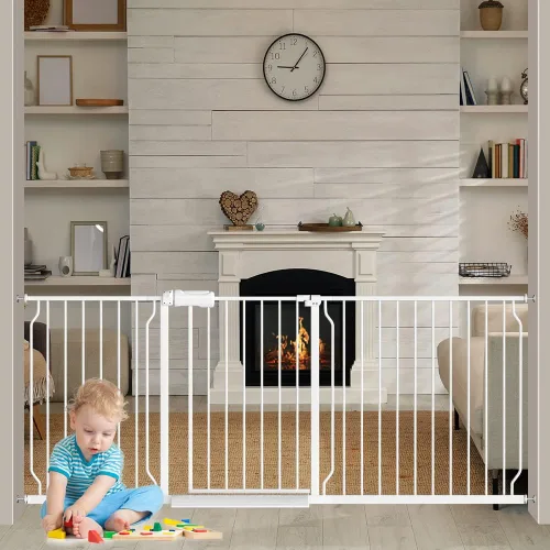 Puertas de bebé extra anchas de 71.5 a 76.3 pulgadas, color blanco, montadas a presión, puertas de seguridad para interiores, puerta infantil
