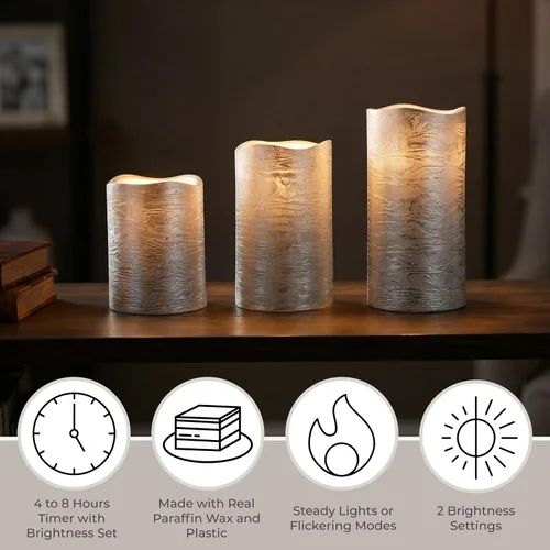 Miniatura 4 de Lavish Home Juego de 3 velas LED sin llama con control remoto, velas de pilar de cera real con temporizador y acabado metálico envejecido (plateado)