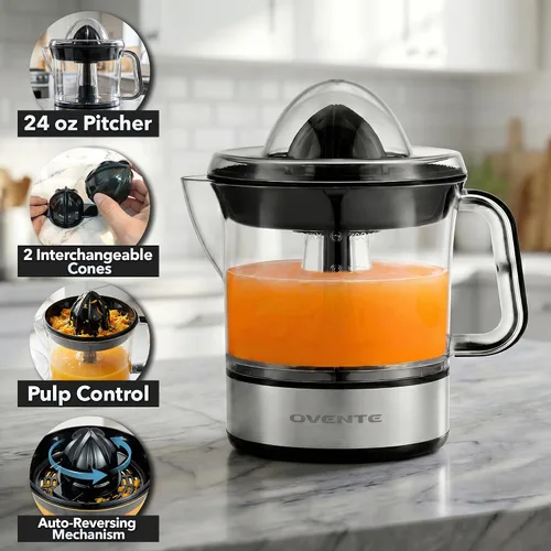 Miniatura 2 de OVENTE Exprimidor eléctrico de cítricos con 2 conos para frutas grandes y pequeñas, activada por presión, control de pulpa y boquilla fácil