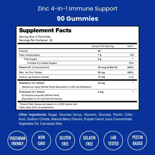 Miniatura 2 de NutraChamps Gomitas de zinc 4 en 1, 50 mg de suplemento de zinc masticable con vitamina D3 2000 UI, saúco y equinácea, apoyo inmunológico, cardíaco