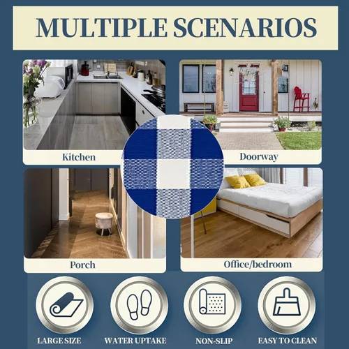 Miniatura 8 de SEEKSEE - Alfombra de algodón a cuadros de búfalo 27.5"x43" azul y blanco, alfombra lavable para felpudo, alfombras de interior y exterior