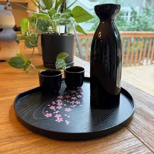 Miniatura 5 de JapanBargain, Juego de 2 bandejas de servir lacadas japonesas, diseño Sakura, bandejas de plástico ligeras para té y sushi, 8-7/8 x 7-7/8 pulgadas