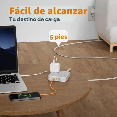 Miniatura 5 de TESSAN Cable de extensión plano con protector de sobretensiones de 5 pies, regleta de alimentación de enchufe plano con 4 tomas, 3 puertos USB