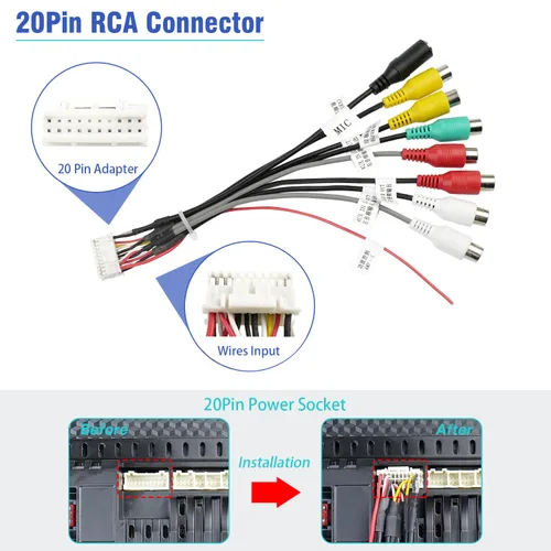 Miniatura 2 de Arnés de cableado para estéreo de coche Android de 20 pines RCA con 8 conectores RCA hembra de radio, ensamblaje de conectores de video CVBS AUX SUB