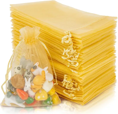 Sukh 100 bolsas de organza doradas de 10 cm x 15 cm, pequeños saquitos de organza, bolsas de regalo con cordón, malla, para joyería, favores, Dorado