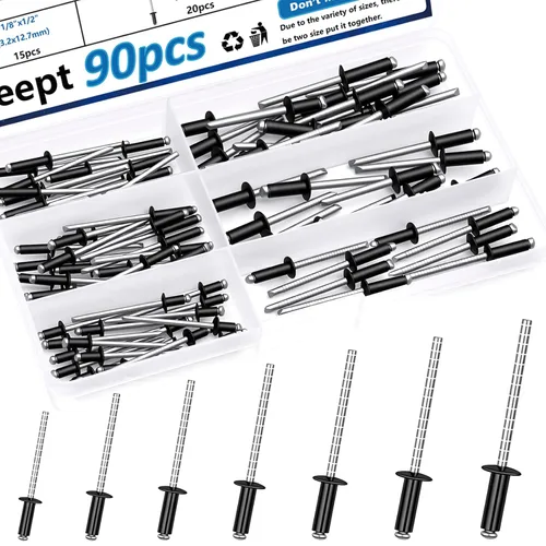 Miniatura 7 de 110 piezas de remaches de acero en 7 tamaños, kit de surtido de remaches de acero inoxidable 304 de 1/8", 5/32", 3/16" para metal, muebles, Plateado