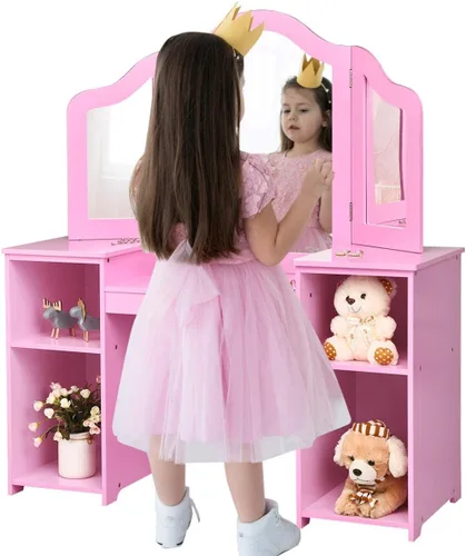 Miniatura 6 de MAT EXPERT Juego de mesa de tocador para niños con espejo de tres pliegues, tocador de juego de simulación con 4 estantes de almacenamiento, tocador