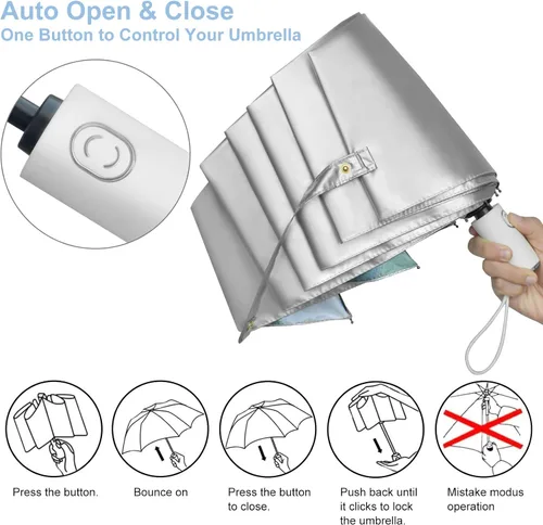 Miniatura 7 de Cuby - Paraguas compacto y plegable, resistente al viento, se abre y cierra de forma automática, con revestimiento plateado y 99.9% de protección
