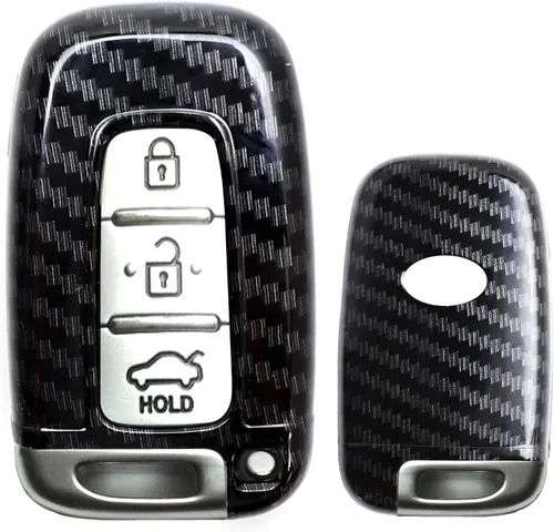 iJDMTOY - Carcasa para llavero con patrón de fibra de carbono, color negro brillante, compatible con Hyundai Veloster, Sonata, Elantra, Genesis, Kia