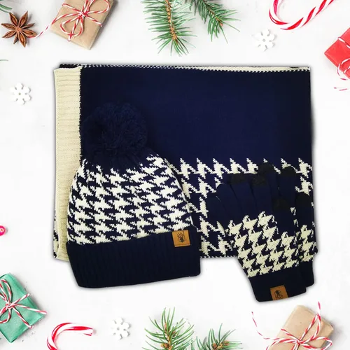 Miniatura 5 de Conjunto de gorro de invierno cálido para mujer, bufanda larga, guantes para pantalla táctil, clásico a cuadros, de punto calavera, bufandas