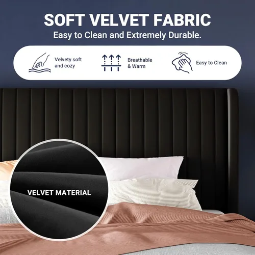 Miniatura 6 de Allewie - Base de cama tamaño King con cabecera acolchada en terciopelo y diseño acanalado vertical; plataforma de cama tapizada; listones de madera