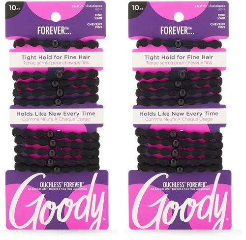 Miniatura 10 de Goody Ouchless Forever - Elásticos para cabello fino, 10 unidades, color negro, bandas libres de daño, lazos para el cabello 3 veces más fuertes