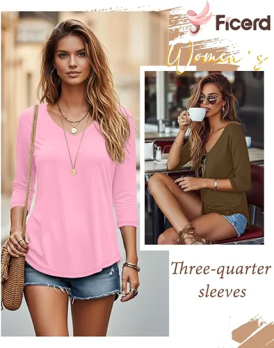 Miniatura 3 de Ficerd Paquete de 3 camisetas de manga 3/4 para mujer, cuello en V, blusas holgadas, blusas casuales, ropa de moda 2026
