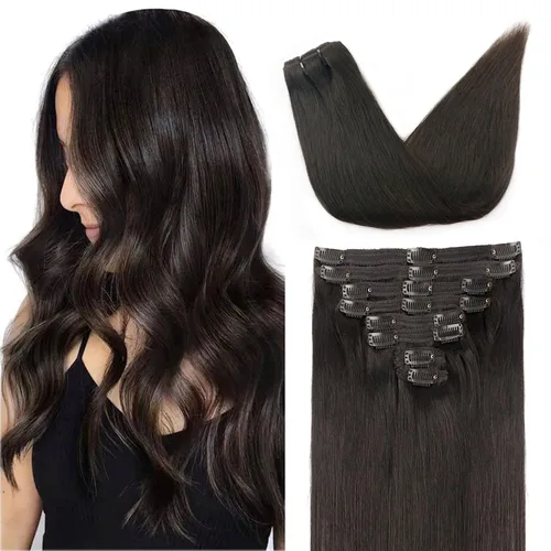 Miniatura 25 de Extensiones de cabello humano real con clip, 8 unidades, cabello humano Remy liso de seda suave natural, 4.23 oz, 20 pulgadas, negro natural #1B, 8