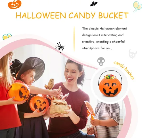 Miniatura 2 de Cubo de calabaza naranja de 6.7 pulgadas de plástico para dulces con asa para niños truco o trato fiesta de Halloween