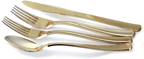 Miniatura 6 de Ocassions - Vajilla de 50-150-200 piezas para 25 invitados, color dorado E. Imperial Negro y Oro