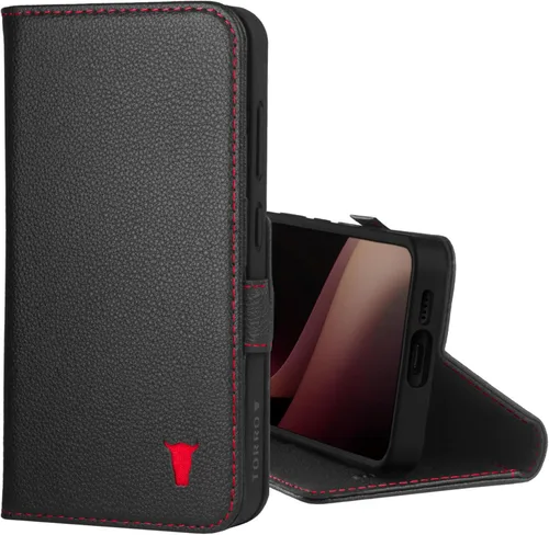 TORRO Funda compatible con Samsung Galaxy S24 5G – Funda de piel premium tipo cartera con función atril y ranuras para tarjetas (negro con detalles
