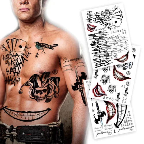 Miniatura 6 de Paquete de 3 tatuajes temporales grandes para cosplay, 8.2 x 11.6 pulgadas, tatuajes falsos con temática de payaso para hombres, mujeres y niños