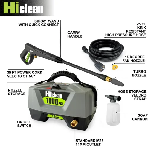 Miniatura 3 de Lavadora a presión eléctrica Hiclean 1800 PSI - Lavadora de potencia portátil para detalle de automóviles, patios, vallas y limpieza al aire libre