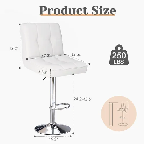 Miniatura 3 de Sweetcrispy Juego de 2 taburetes de bar de piel sintética ajustables sin brazos, taburetes de bar giratorios hidráulicos para encimera de cocina