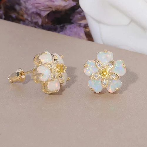 Miniatura 3 de CiNily Aretes tipo dormilona de ópalo con flores para mujer, chapados en rodio, hipoalergénicos, grandes piedras preciosas de 1932 pulgadas
