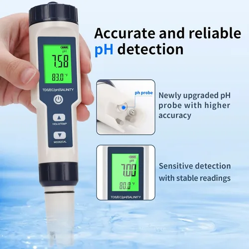 Miniatura 5 de Probador de sal de piscina, probador digital de agua de piscina, preciso y confiable, salinidad, medidor de pH, EC, TDS y temperatura 5 en 1; kit