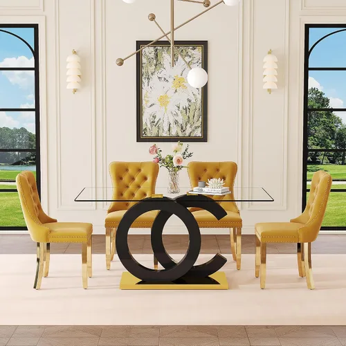 Miniatura 17 de Juego de mesa de comedor de cristal de 63 pulgadas para 6, juego de mesa de comedor moderno para 6, mesa de vidrio templado con patas negras