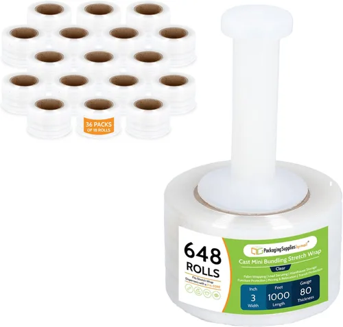 Miniatura 11 de PSBM - Mini envoltura elástica con mango de plástico, 18 rollos de 3 pulgadas x 1000 pies, calibre 80, resistente hasta un 500% elástico, película