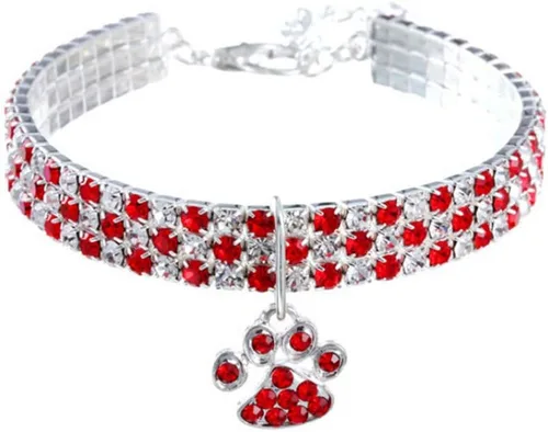 Collar para mascotas con diamantes, colgante de garra de corazón elástico ajustable con diamantes de cristal para boda, gato y perro, collar pequeño