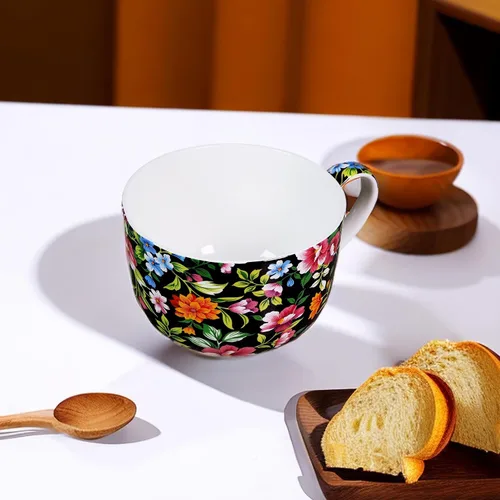 Miniatura 7 de Tazones de sopa de 25 onzas con asas, taza de sopa de porcelana y hueso con asas, taza de sopa de flora grande para café, cereales, avena con leche