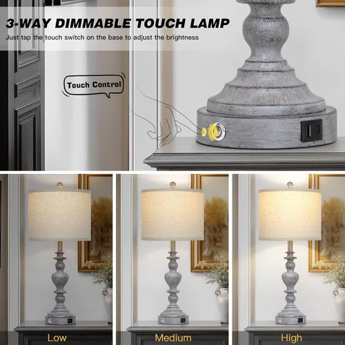 Miniatura 4 de 27" Tall Table Lamps for Living Room, 3-Way Dimmable Touch Control Farmhouse Vintage Table Lamps Set of 2 with USB C+A Ports and AC Outlets, Rustic
