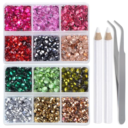 Miniatura 13 de LPBeads 6400 unidades de diamantes termoadhesivos de 12 colores con parte trasera plana, 5 tamaños mixtos, gemas de cristal redondas con pinzas