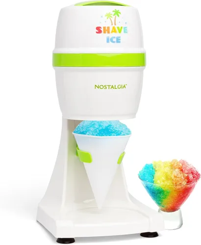 Nostalgia Máquina de Granizados de Cono de Nieve Raspado Retro de Mesa - Incluye 1 Taza de Plástico Reutilizable y Moldes de Hielo, Blanco, Verde