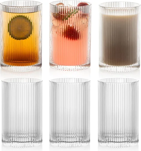 Miniatura 8 de Juego de cristalería acanalada vintage: 4 vasos XL de 16.9 onzas, vasos ondulados acanalados, estilo origami, cristalería elegante para whisky