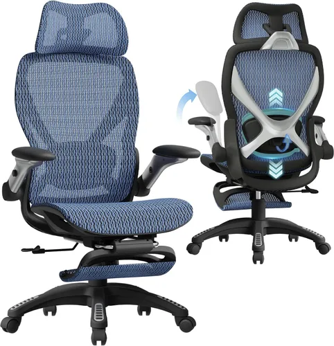 Miniatura 15 de ELABEST X100 Silla de oficina ergonómica de malla con reposapiés, silla de escritorio grande y alta con brazos abatibles 5D, soporte lumbar 3D