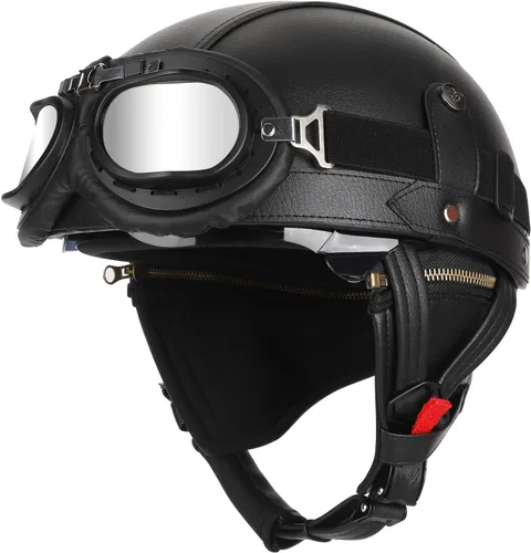 German Style Motorcycle Helmet for Adult Retro Leather Half Helmet Vintage Cap Skull Cap Open Face Helmet with Goggles for Cruiser Scooter Chopper
