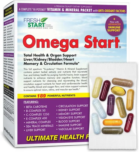 Omega Start - Paquete diario de vitaminas todo en uno, apoyo total para el cuerpo y los órganos, cardo mariano, chanca piedra, diente de león,