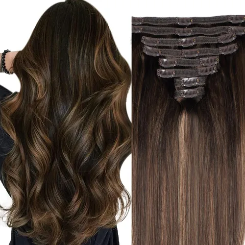 Miniatura 22 de Extensiones de cabello humano real con clip, 8 unidades, cabello humano Remy liso de seda suave natural, 4.23 oz, 20 pulgadas, negro natural #1B, 8