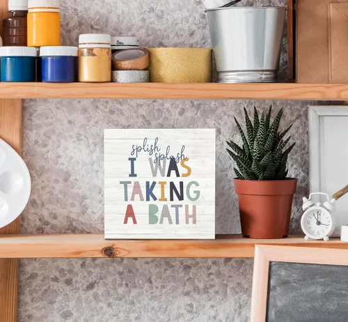 Miniatura 3 de SRADMO Caja de madera con texto en inglés "Splish Splash I Was Taking a Bath" para decoración de escritorio, divertida caja de bloques de madera
