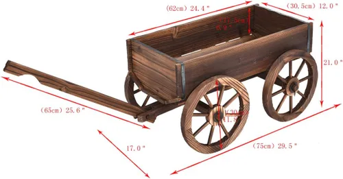 Miniatura 3 de HAPPYGRILL Carro de madera, soporte decorativo para macetas con 4 ruedas y agujeros de drenaje, maceta de carro al aire libre para patio, patio
