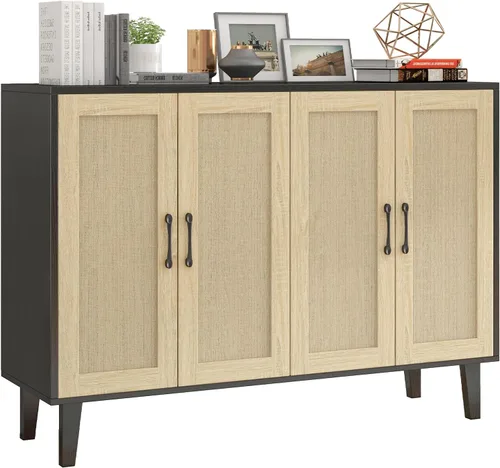 Miniatura 7 de Panana Armario de almacenamiento de buffet con decoración de ratán 4 puertas, aparador de cocina para sala de estar, 48.43 x 34.65 x 15 pulgadas
