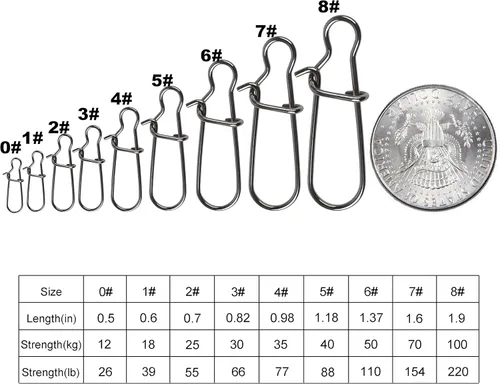 Miniatura 3 de Paquete de 100 broches de doble bloqueo tamaño 0-8, anillos sólidos de acero inoxidable negros, kit de aparejos de pesca con broche giratorio