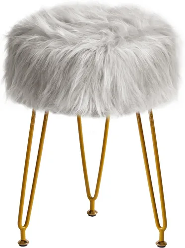 Miniatura 10 de IBUYKE Taburete de Vanidad Redondo de Piel Sintética con Almacenamiento, Silla Otomana de Maquillaje Peluda, Asiento Acolchado Suave, Reposapiés