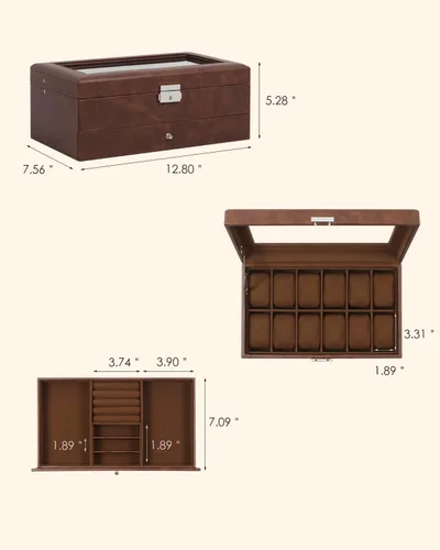 Miniatura 6 de GUKA Caja de reloj, caja de reloj con 12 ranuras, fundas de reloj para hombres con tapa de cristal real, organizador de reloj de cuero sintético